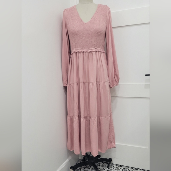 MEROKEETY Women's Long Sleeve Smocked V-neck High Waist Ruffle Tier Midi Dress - Picture 2 of 15